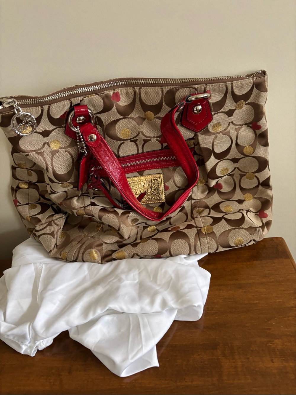 Coach Beige & Brown Signature Tote with Red Leather Accents